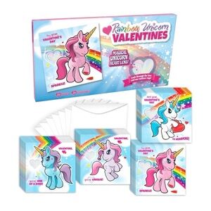 28pk Rainbow Unicorn Pony Valentine's Day Cards | Handheld Filter Diffraction